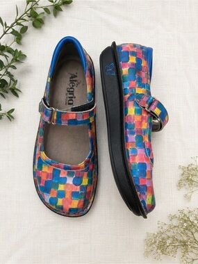 Alegria Mary Jane Comfort Shoes Colorful Mosaic Print Leather